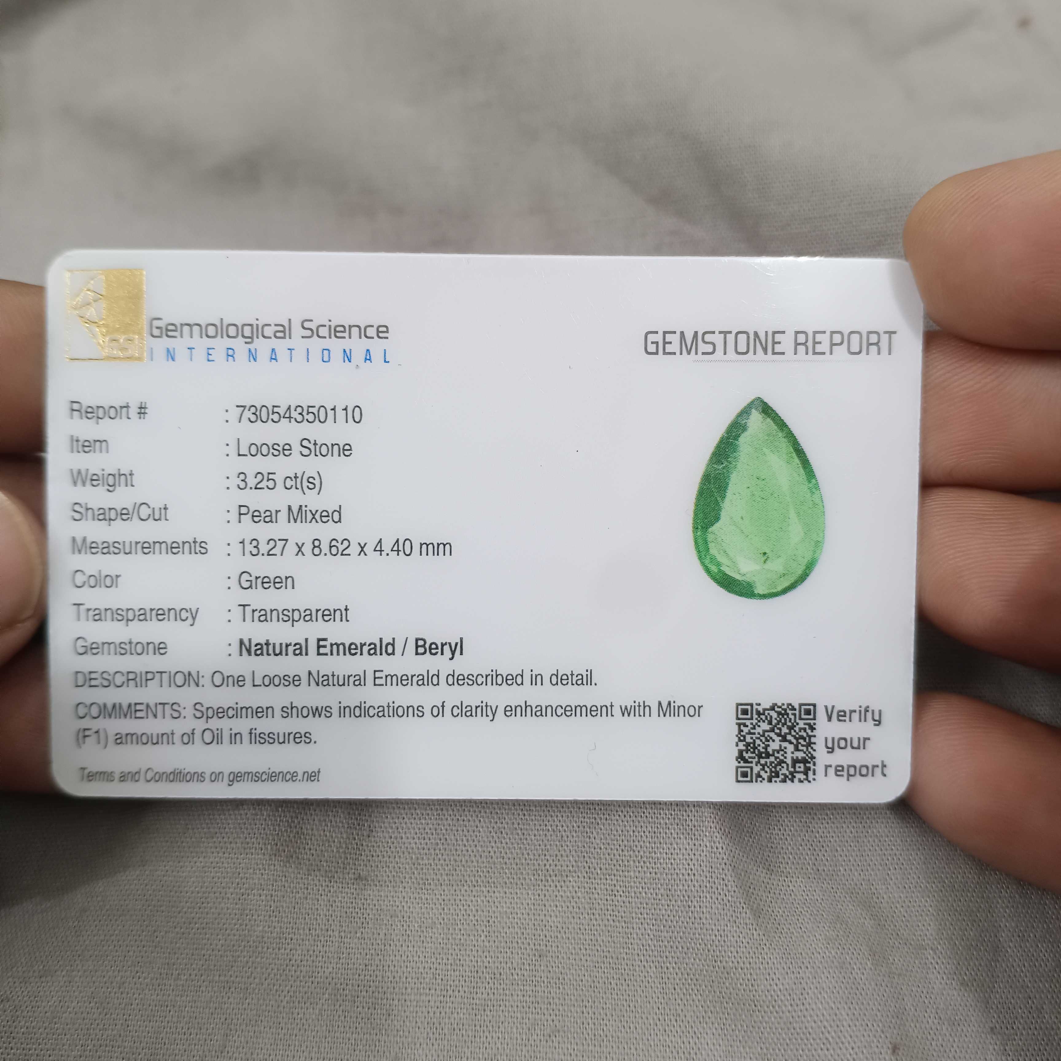 3.25cts GSI certification natural spring green pear shape emerald gem