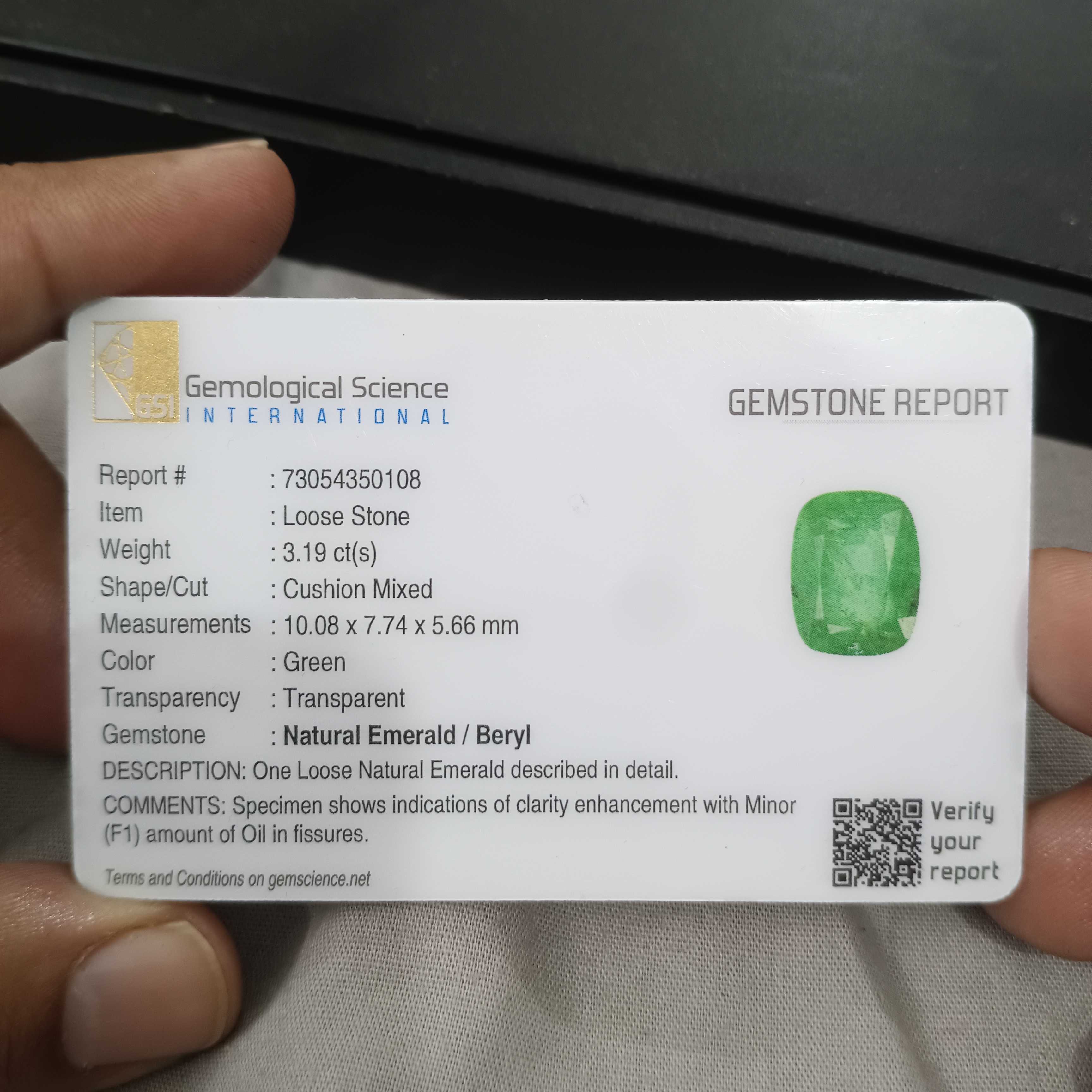 3.19cts GSI certy smooth spring green cushion shape Swat emerald gemstone 