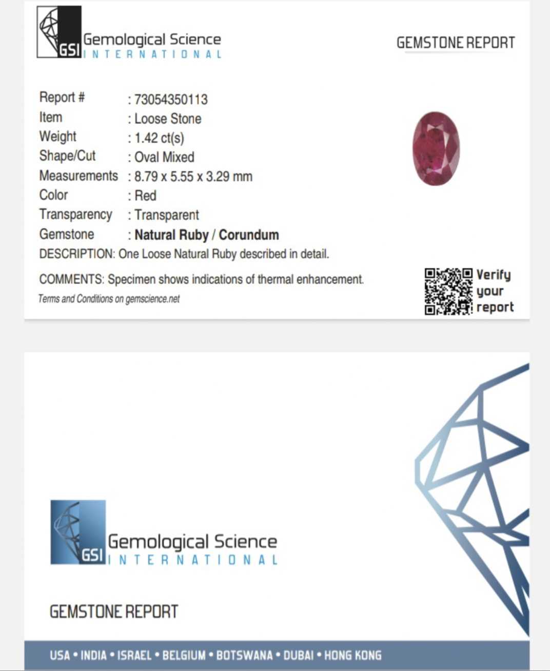1.48cts GSI certified deep blood color natural oval Mozambique ruby stone 