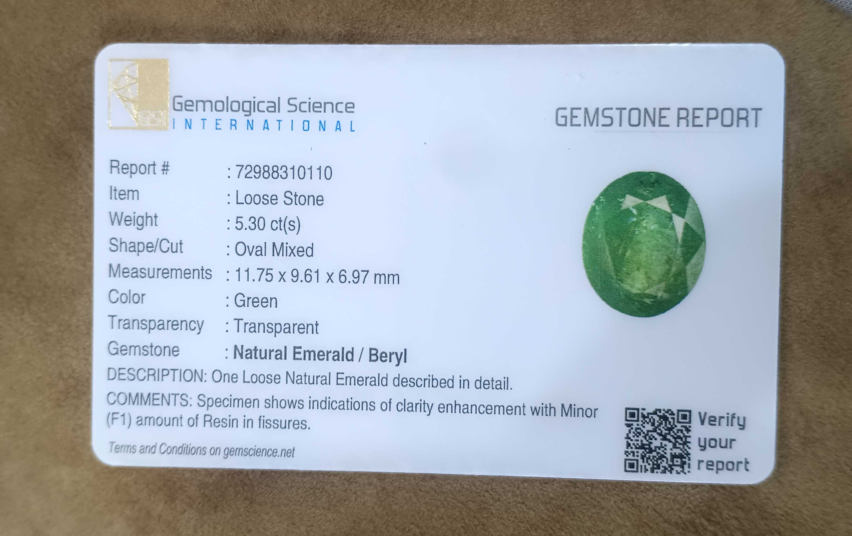 5.30ct GSI certified lively spring green oval cut emerald gem