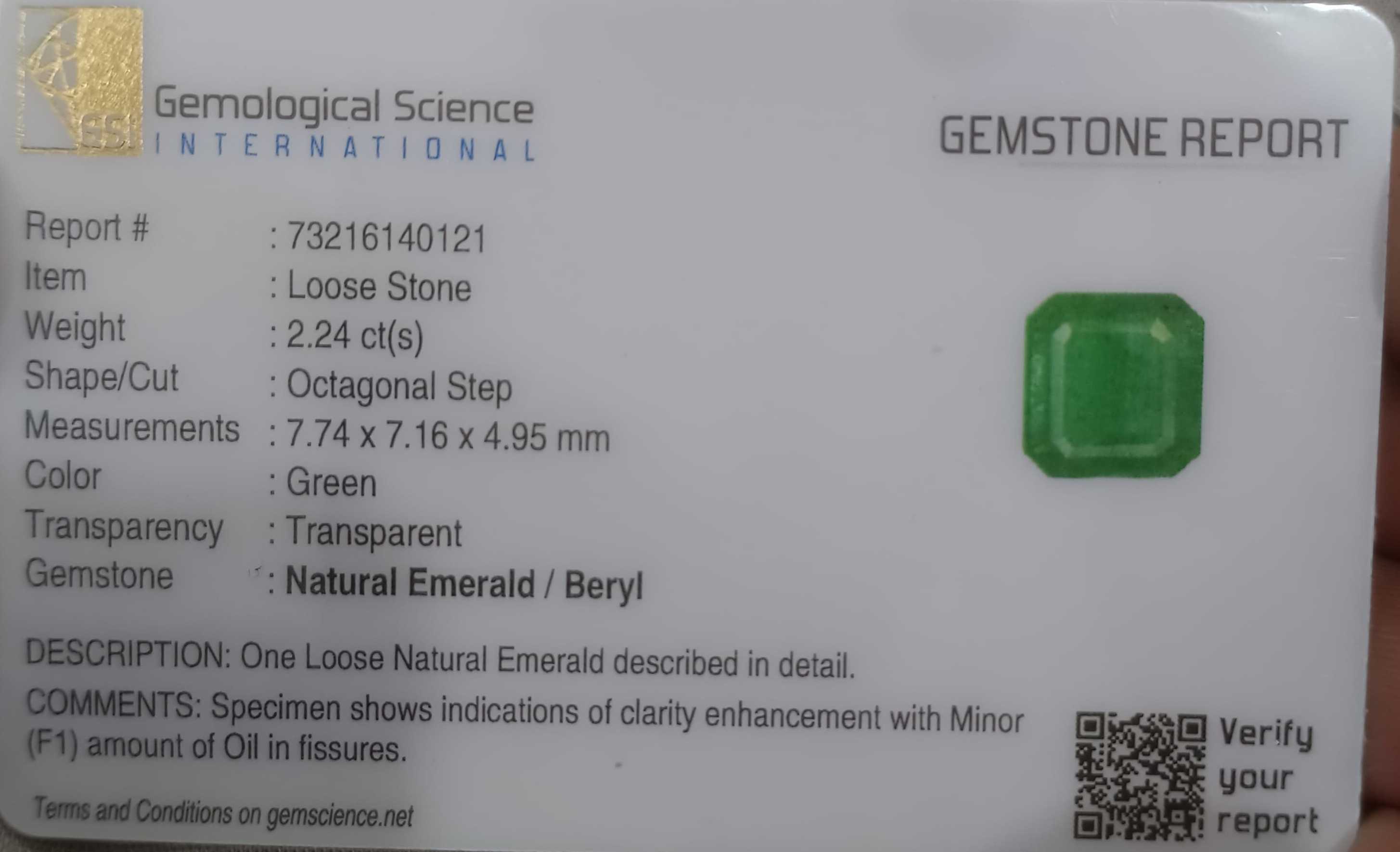 2.24ct GSI Certified Zambian Loose Emerald Minor Oil Gem
