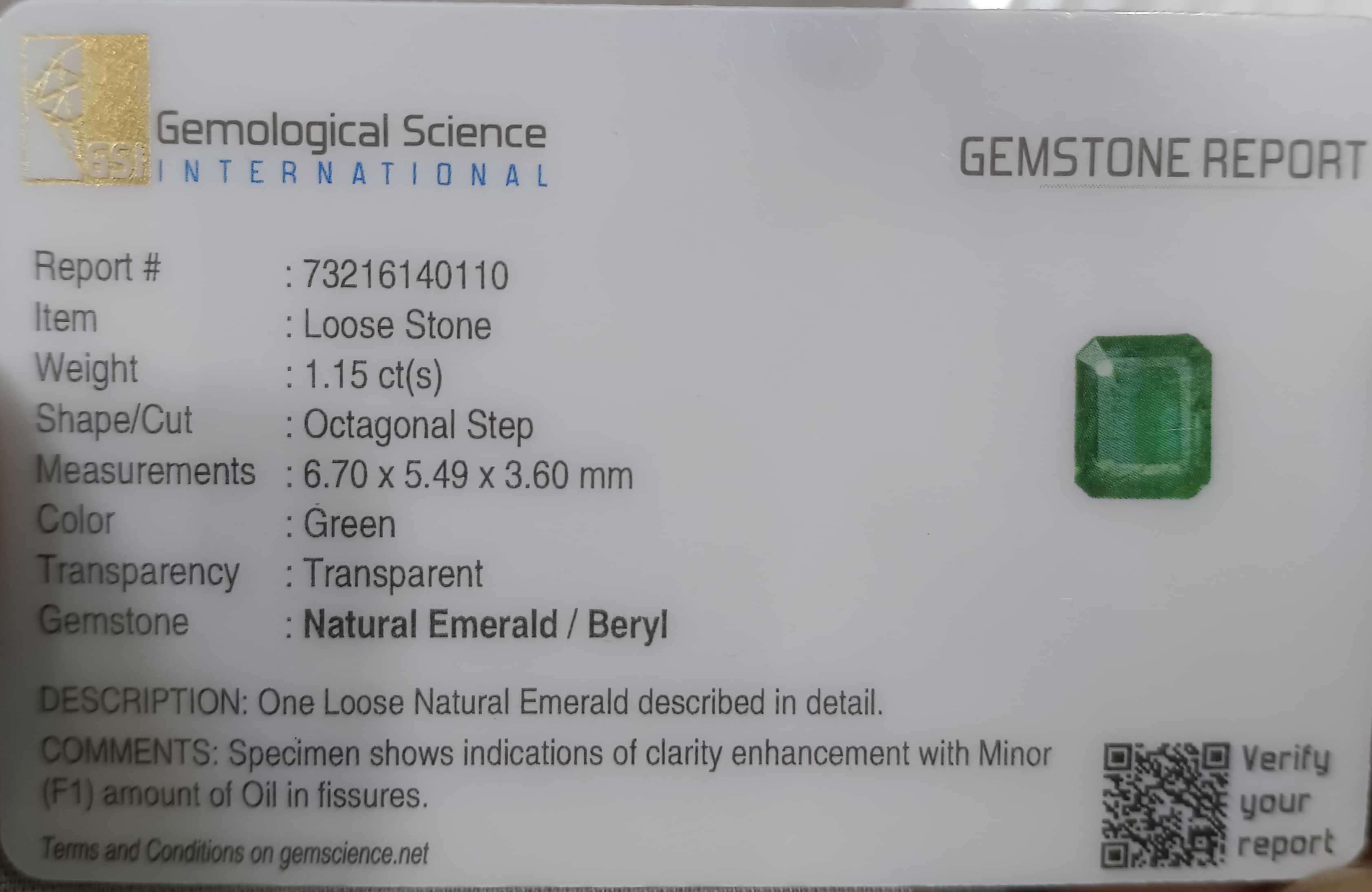 1.15ct GSI Certified Medium Light Green Emerald Minor Oiled Loose Gemstone