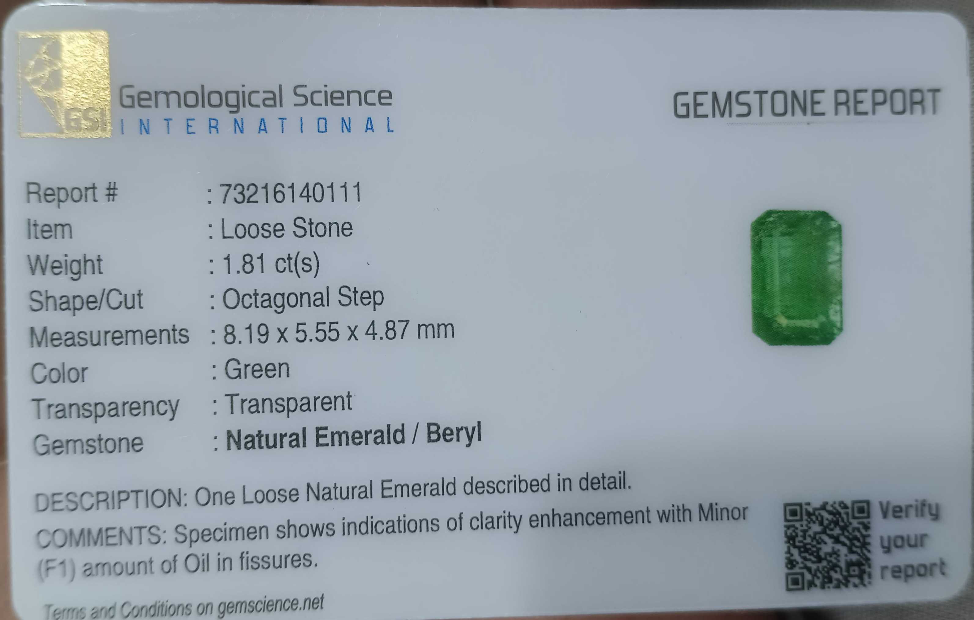 1.81ct GSI Certified Medium Deep Golden Green Emerald Minor Oiled Loose Gemstone 