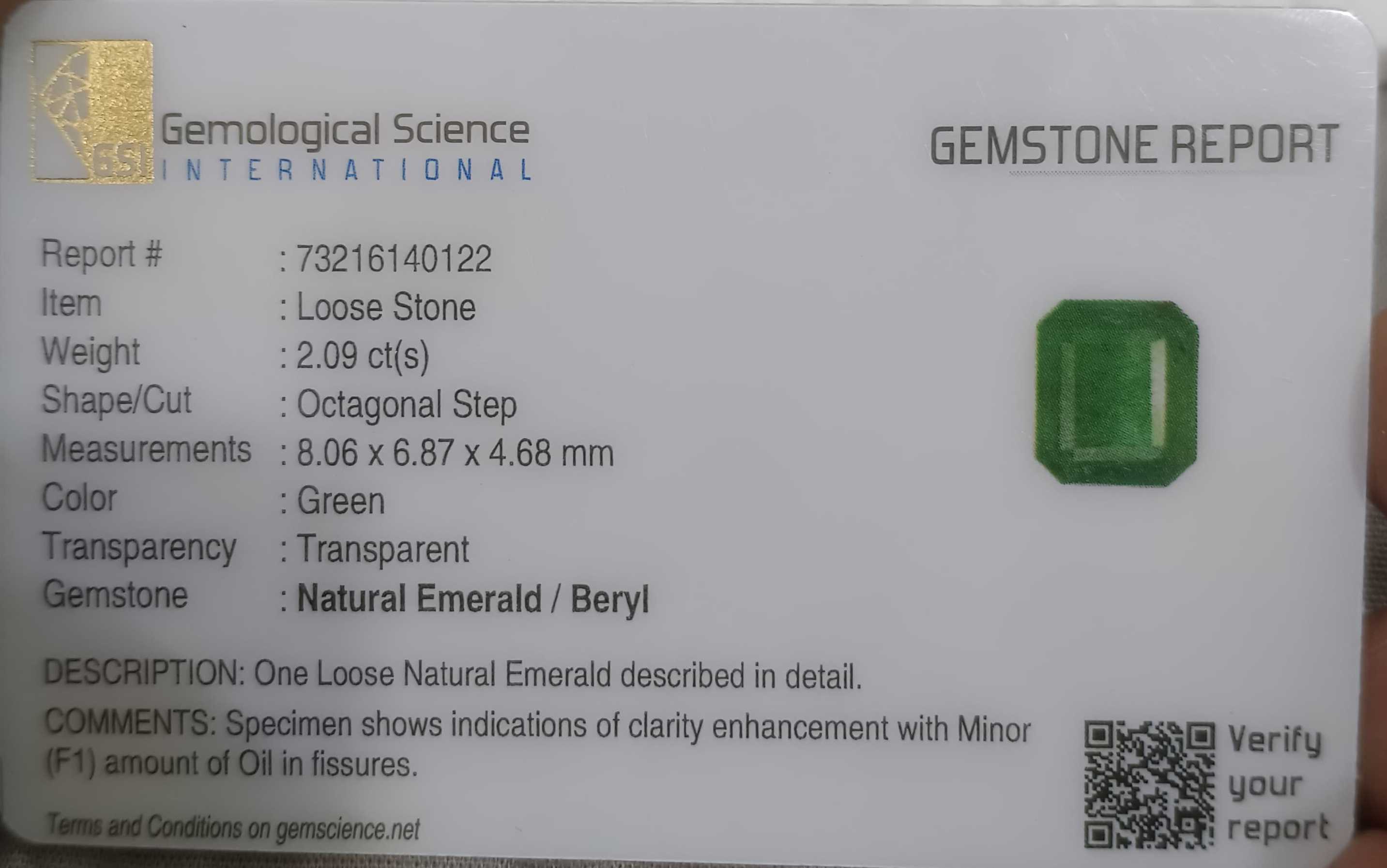 2.09ct Deep Velvet Green Zambian Emerald Minor Oiled Gemstone