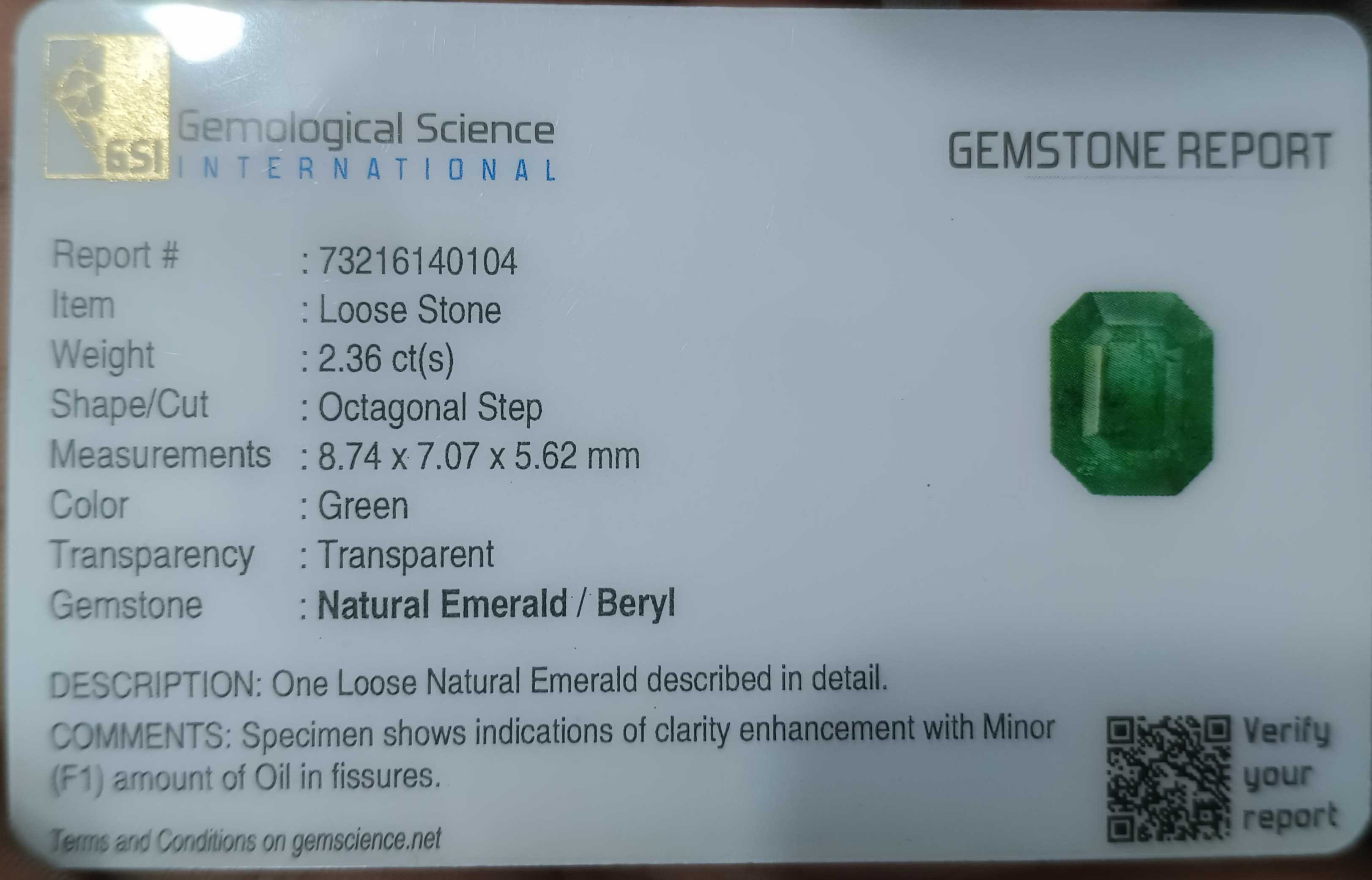 2.36ct GSI Certified Deep Green Emerald Minor Oiled Loose Gemstone 
