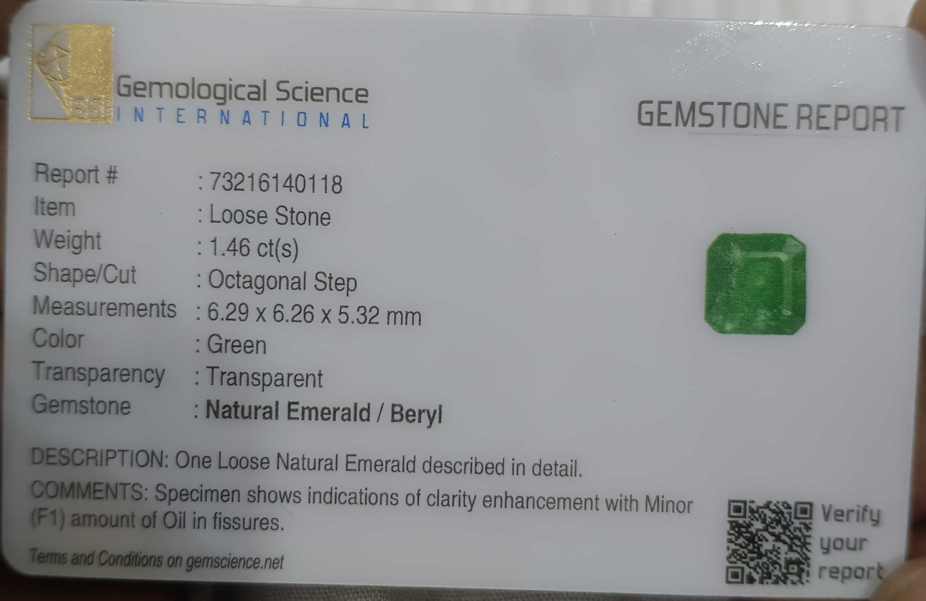 1.46ct GSI Certified Vivid Green Emerald Cut Zambian Emerald Minor Oiled Loose Gemstone 