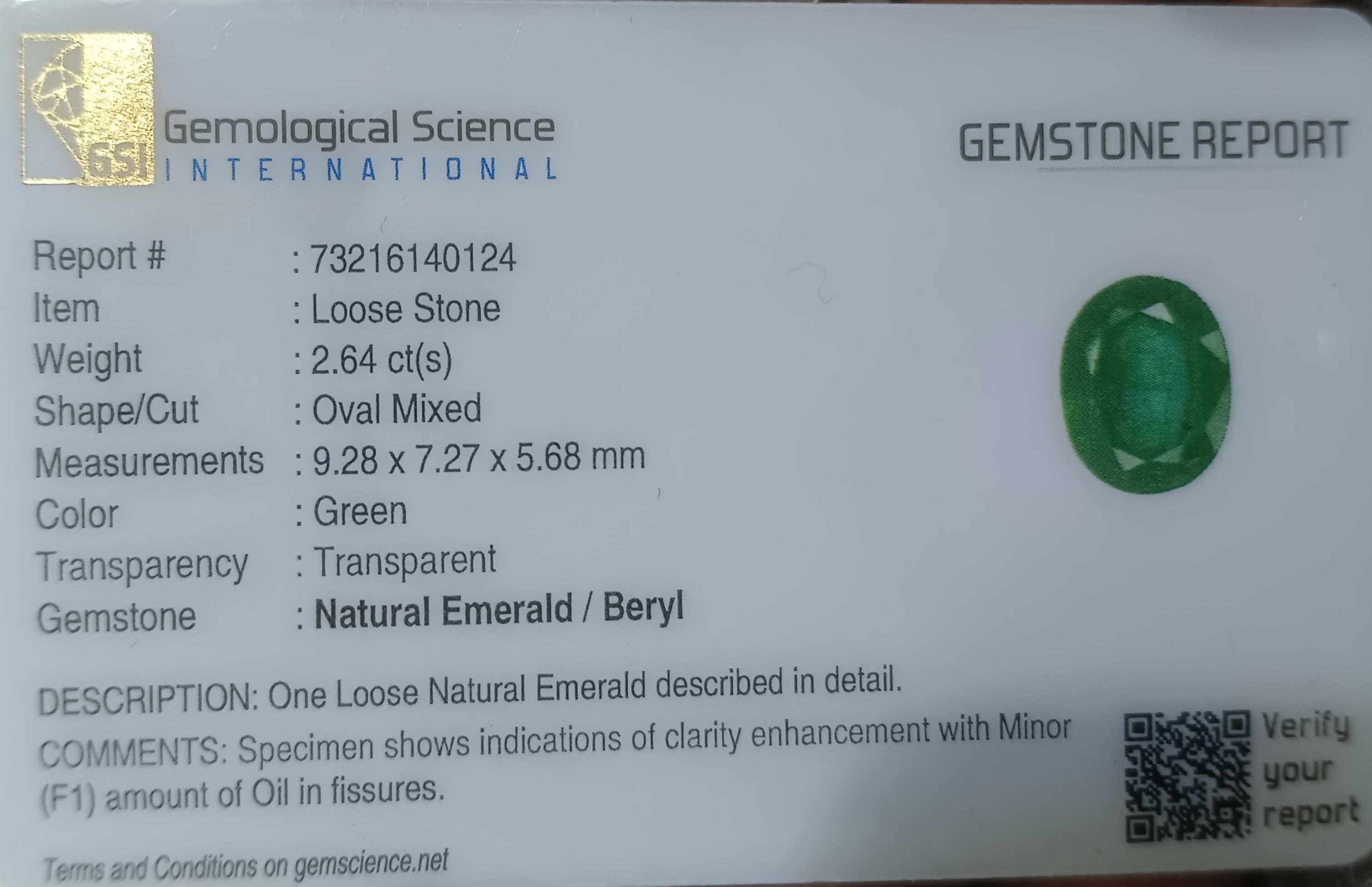 2.64ct GSI Certified Oval Cut Zambian Loose Emerald Earth Mined Gemstone 
