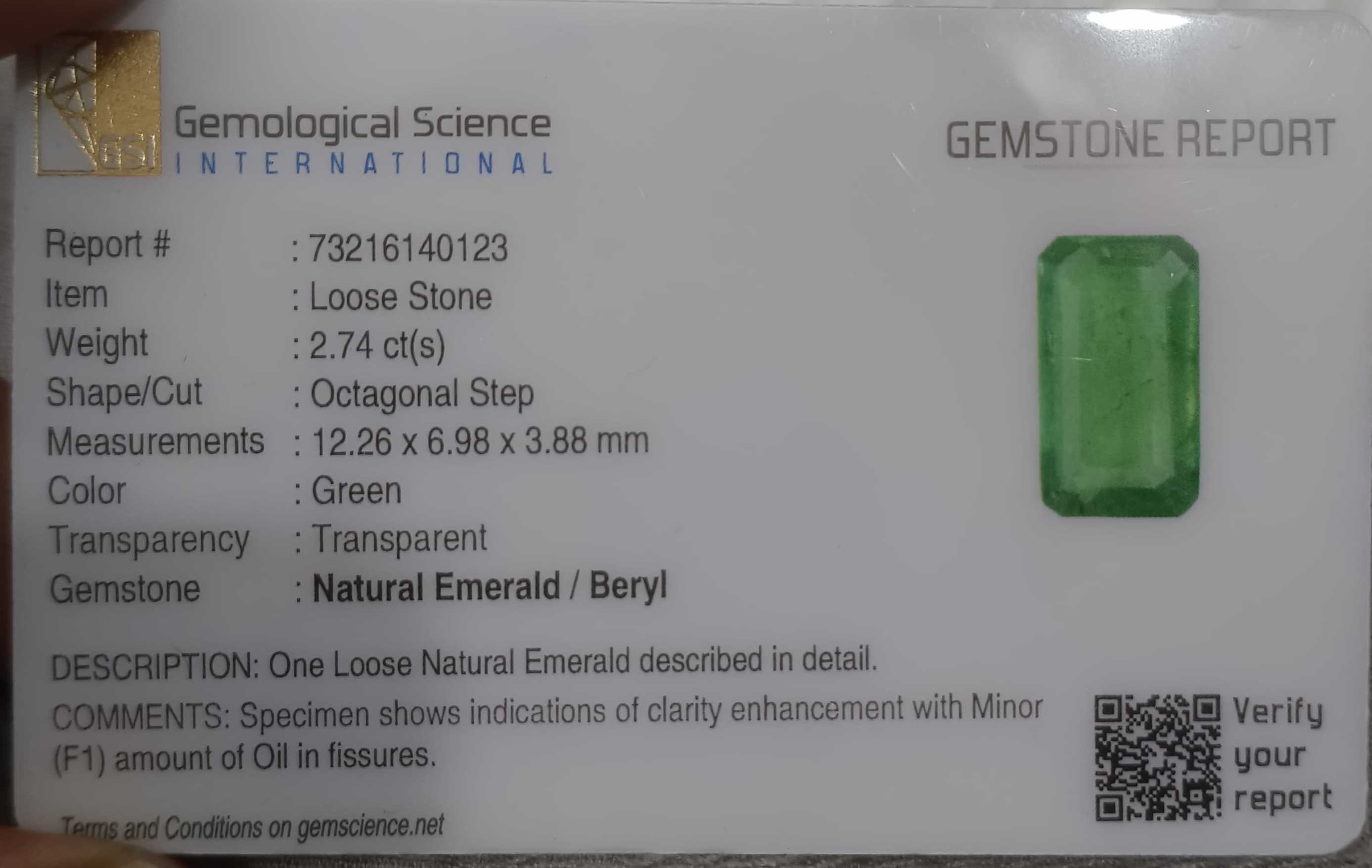 2.74ct GSI Certified Medium Green Zambian Emerald Minor Oiled Loose Gemstone 