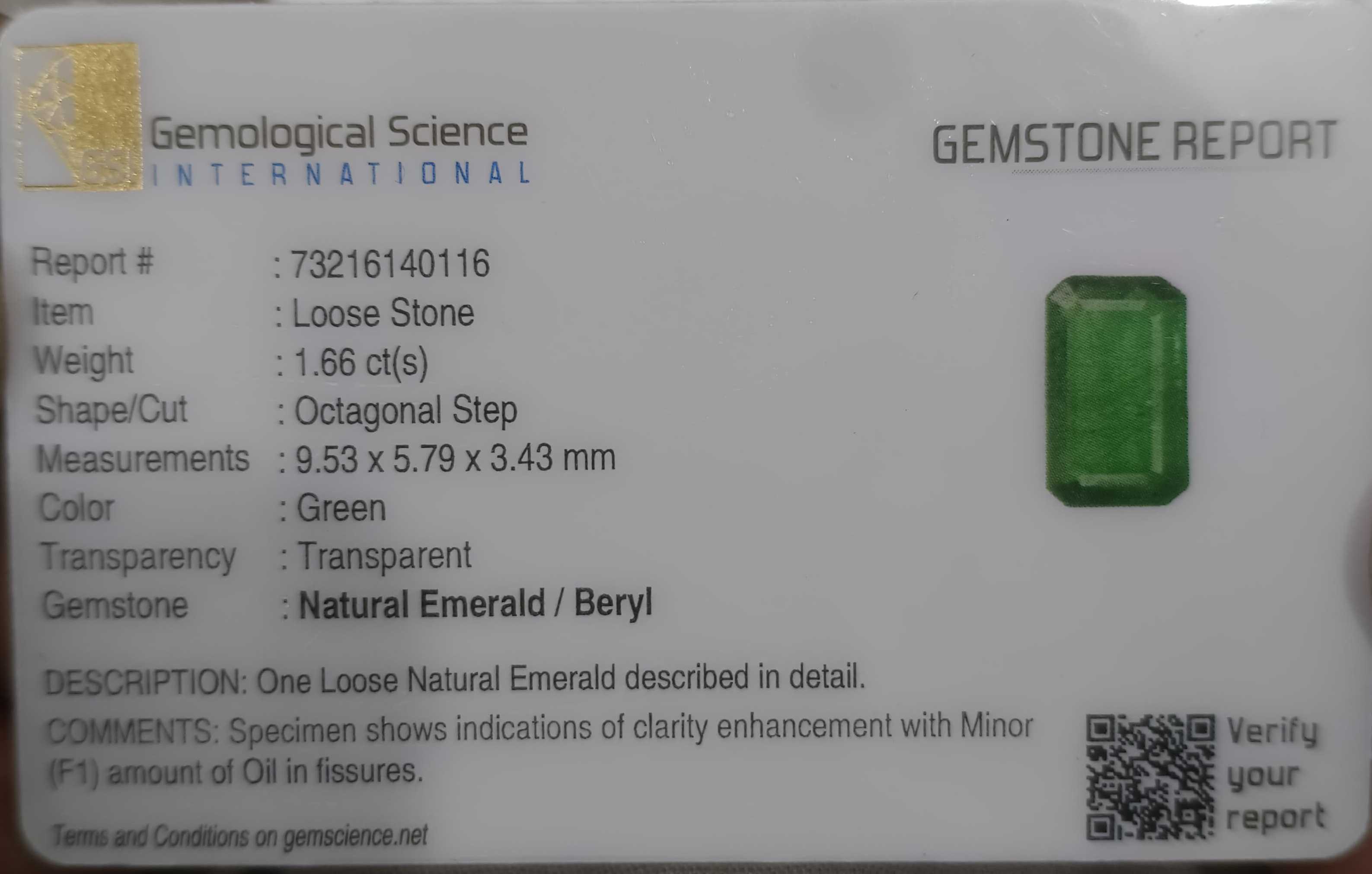 1.66ct GSI Certified Vivid Deep Green Emerald Cut Swat Emerald 