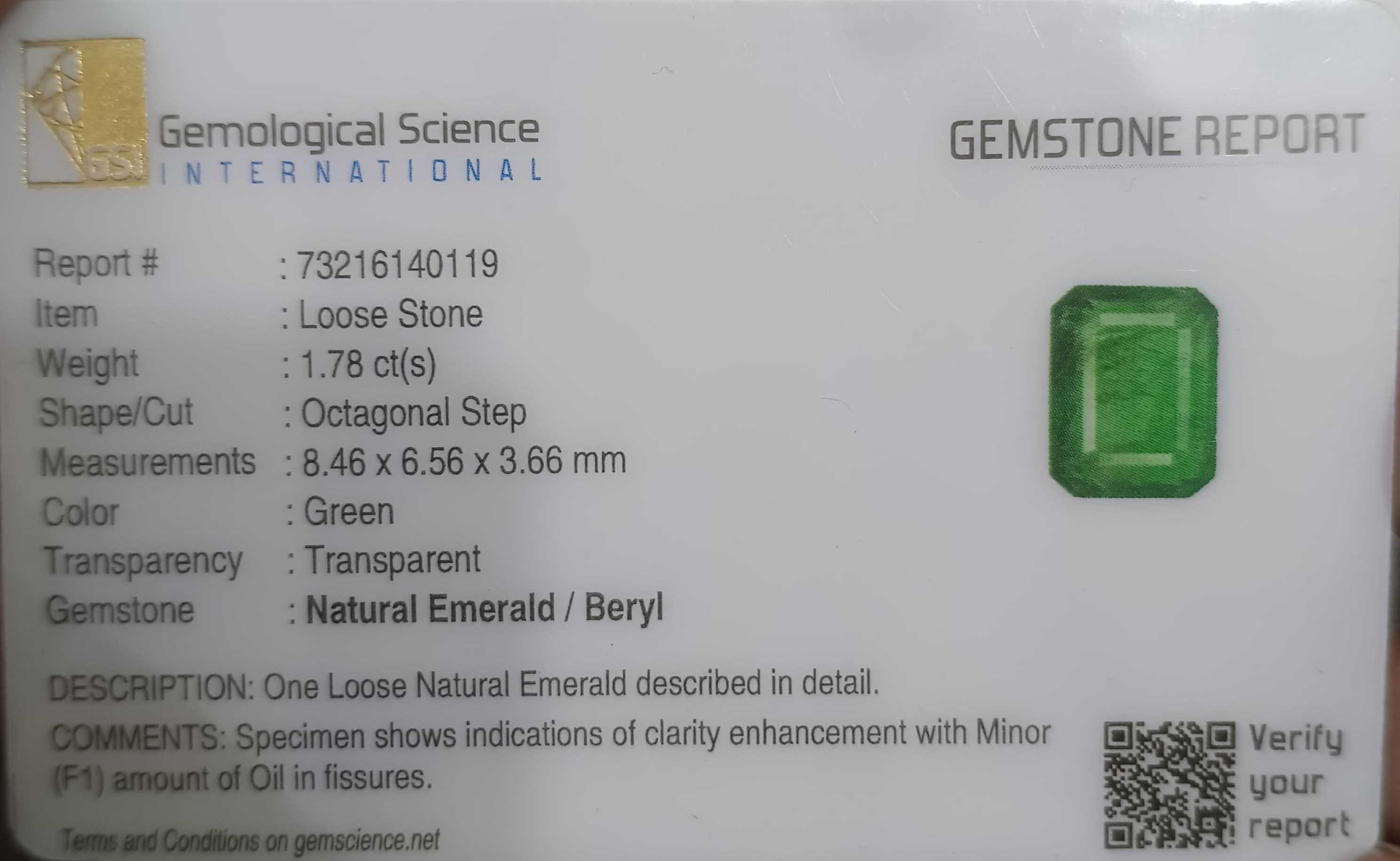 1.78ct GSI Certified Deep Glass Green Emerald Cut Zambian Emerald