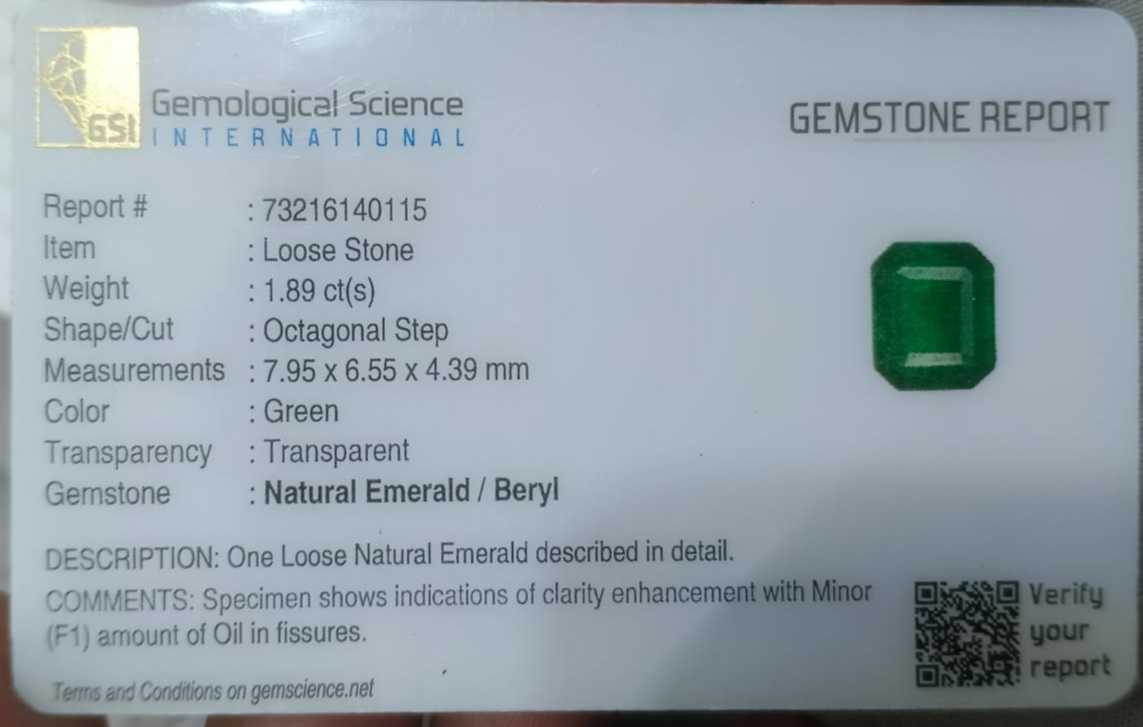 1.89ct Vivid Deep Green Emerald Cut Zambian Emerald 