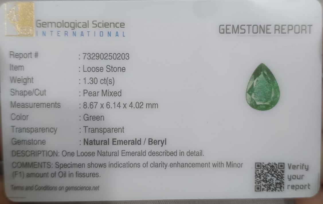 1.30ct GSI USA Certified Excellent luster Natural Zambian Emerald 