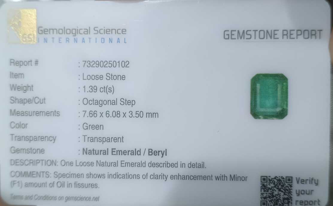 1.39ct GSI USA Certified Medium Green Emerald Cut Zambian Emerald 