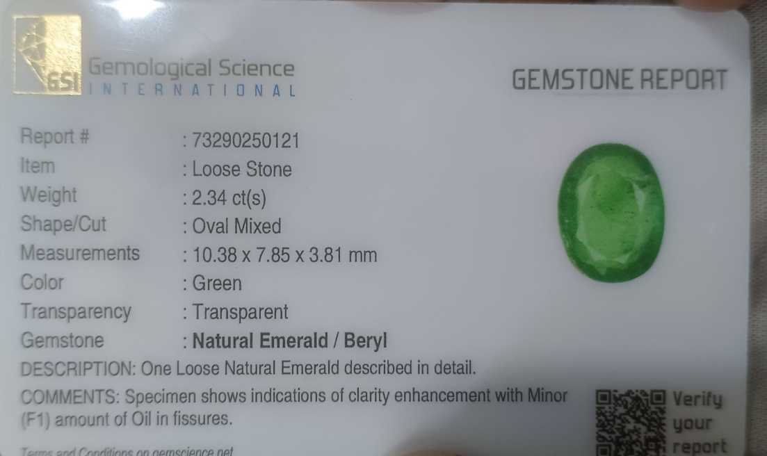 2.34ct Oval Cut GSI USA Certified Bright Spring Green Emerald 