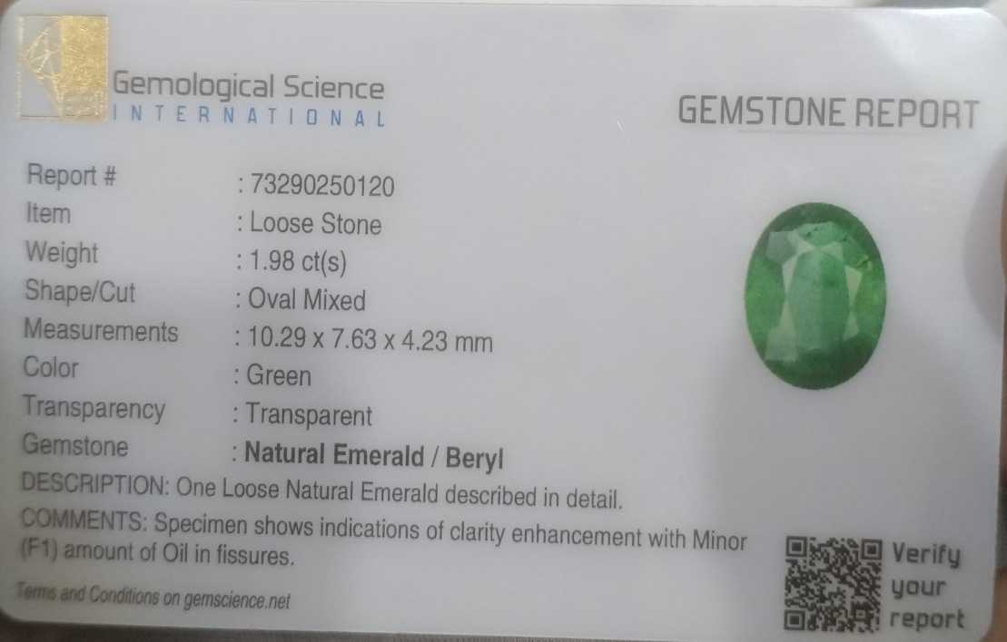 1.98ct GSI Certified Medium Green Oval Cut Natural Zambian Emerald 