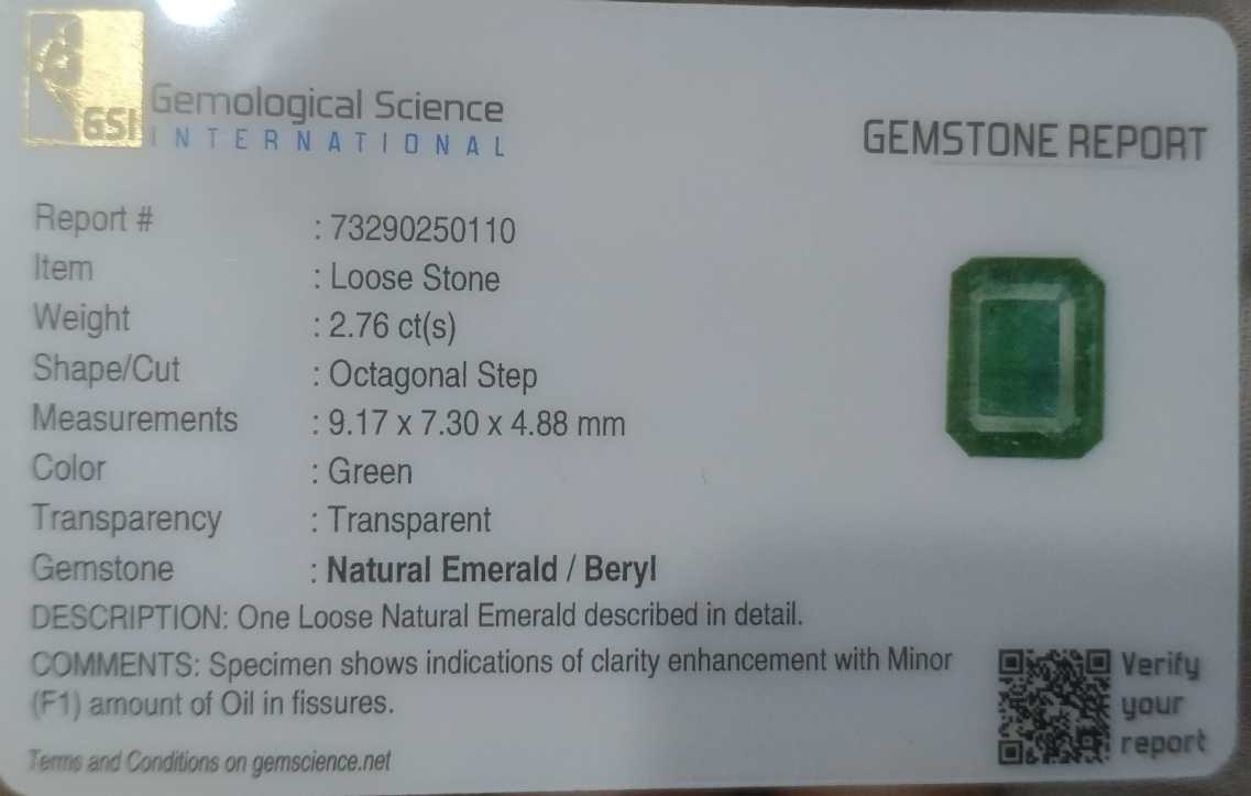 2.76CT GSI Certified Deep Metal Green Emerald Cut Zambian Emerald 