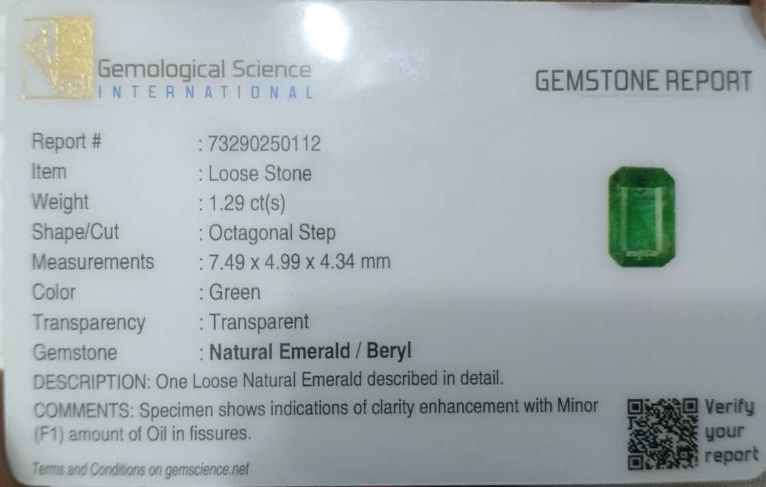 1.29ct GSI USA Certified Emerald Cut Swat Emerald 