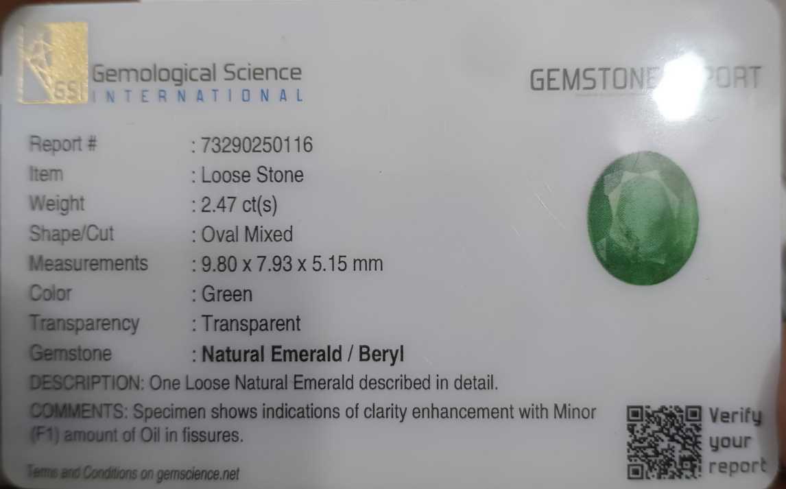 2.47ct GSI USA Certified Medium Pure Green Oval Cut Zambian Emerald 