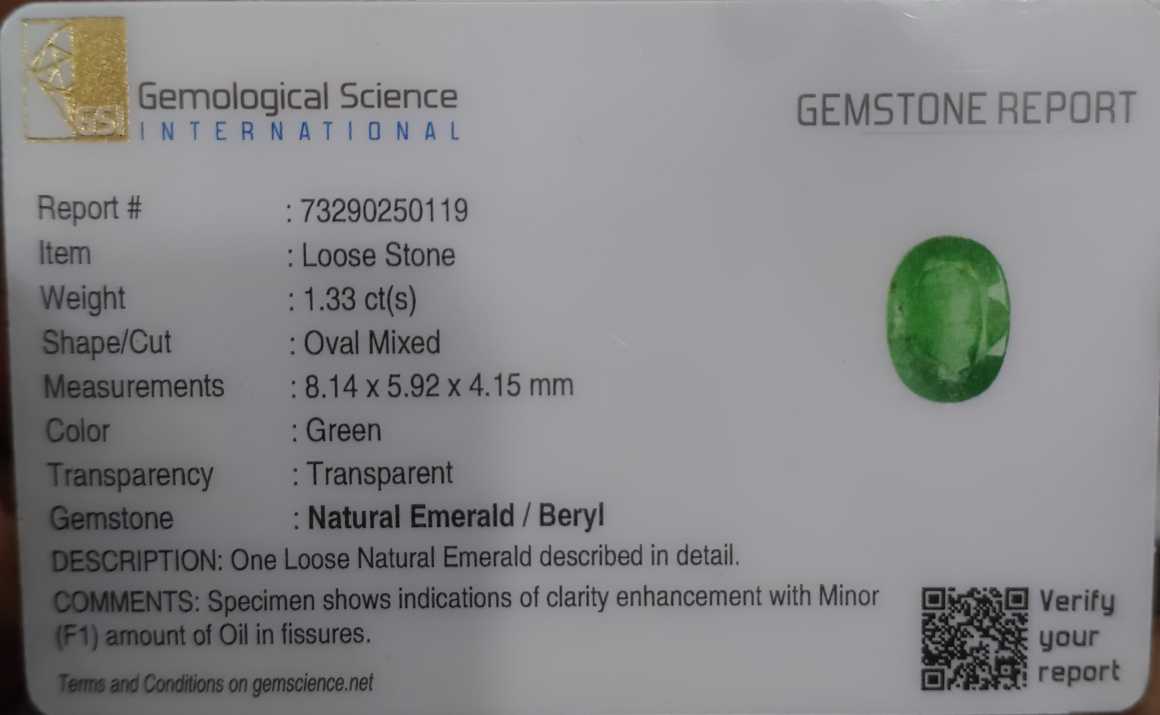 1.33ct GSI Certified Oval Cut Natural Swat Emerald 