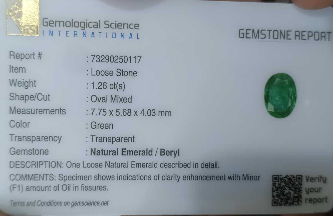 1.26ct GSI Certified Medium Bright Green Oval Cut Zambian Emerald 