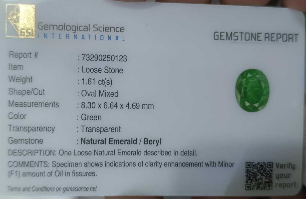 1.61ct GSI certified vivid Medium Deep Green oval cut Swat emerald 