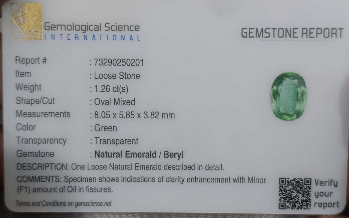 1.26ct GSI USA Certified Medium Light Green Oval Cut Natural Zambian Emerald 