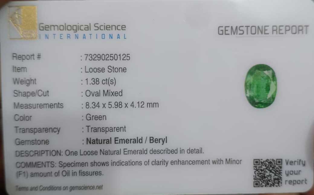 1.38ct GSI USA Certified Shamrock Green Oval cut Zambian Emerald 