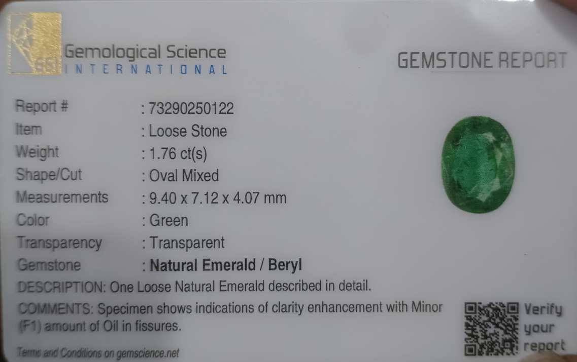 1.76ct GSI USA Certified Deep Green Oval Cut Zambian Emerald 