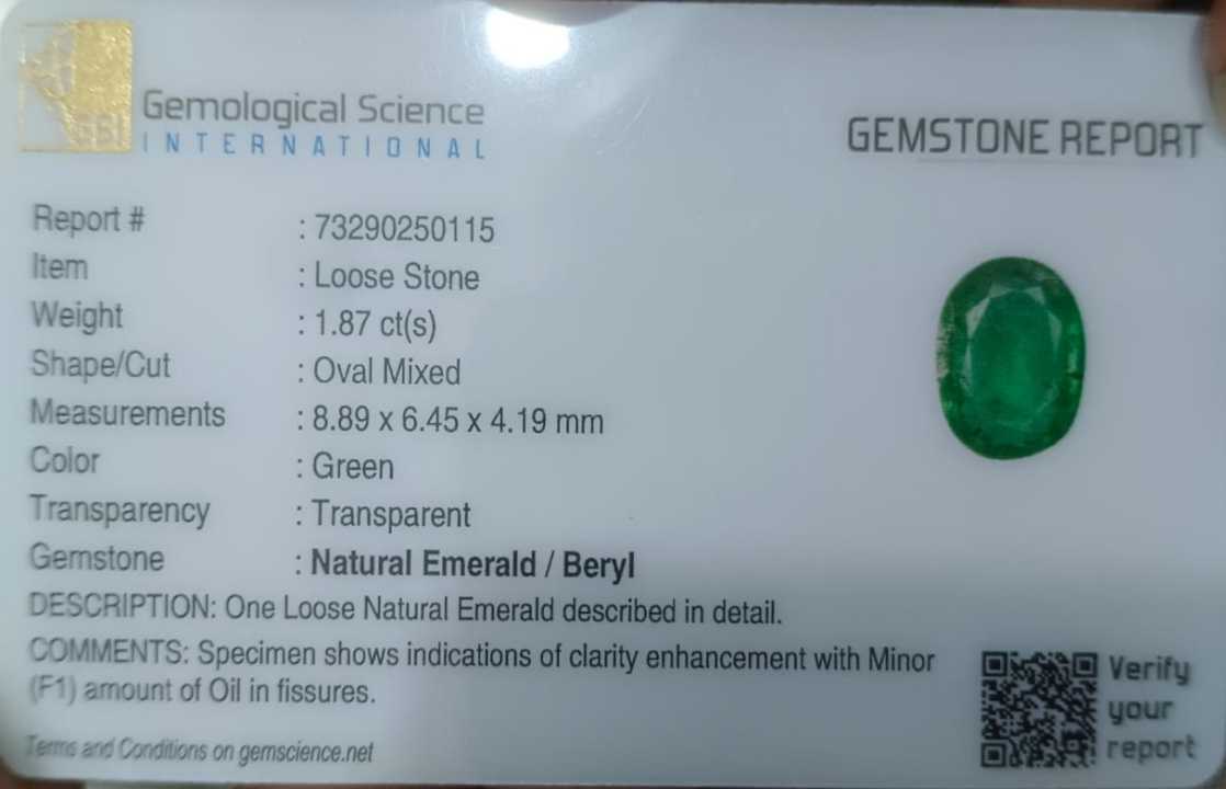 1.87ct GSI Certified Medium Deep Green Oval Cut Zambian Emerald 