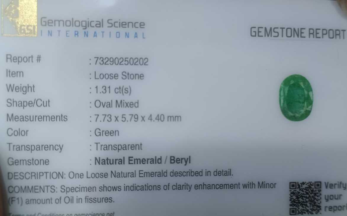 1.31ct GSI Certified Medium Light Shamrock Green Oval Cut Zambian Emerald 