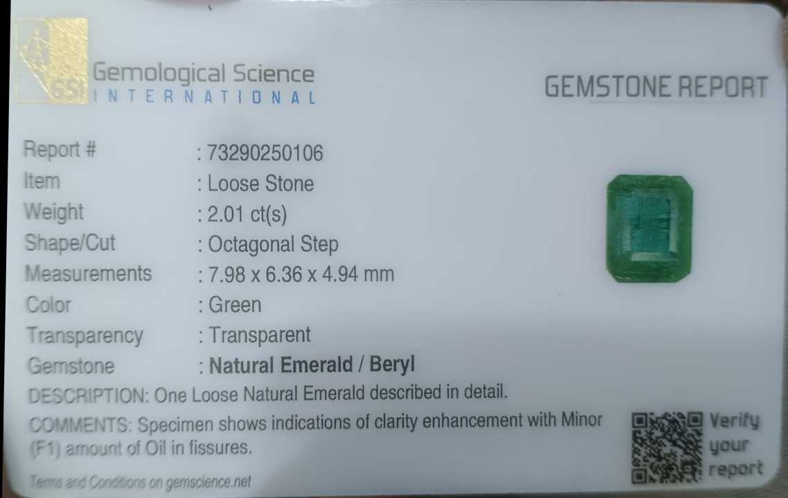 2.01ct GSI Certified Emerald Cut Zambian Emerald 