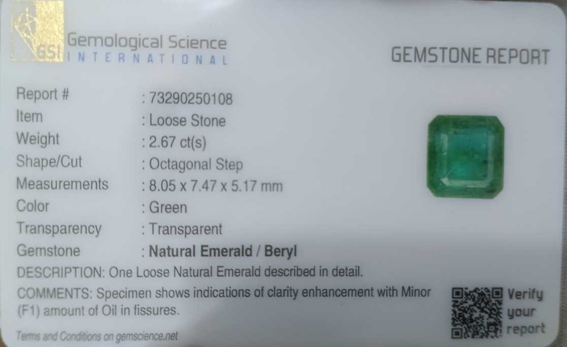 2.67 carat GSI certified octagon cut medium deep green Zambian emerald gemstone 