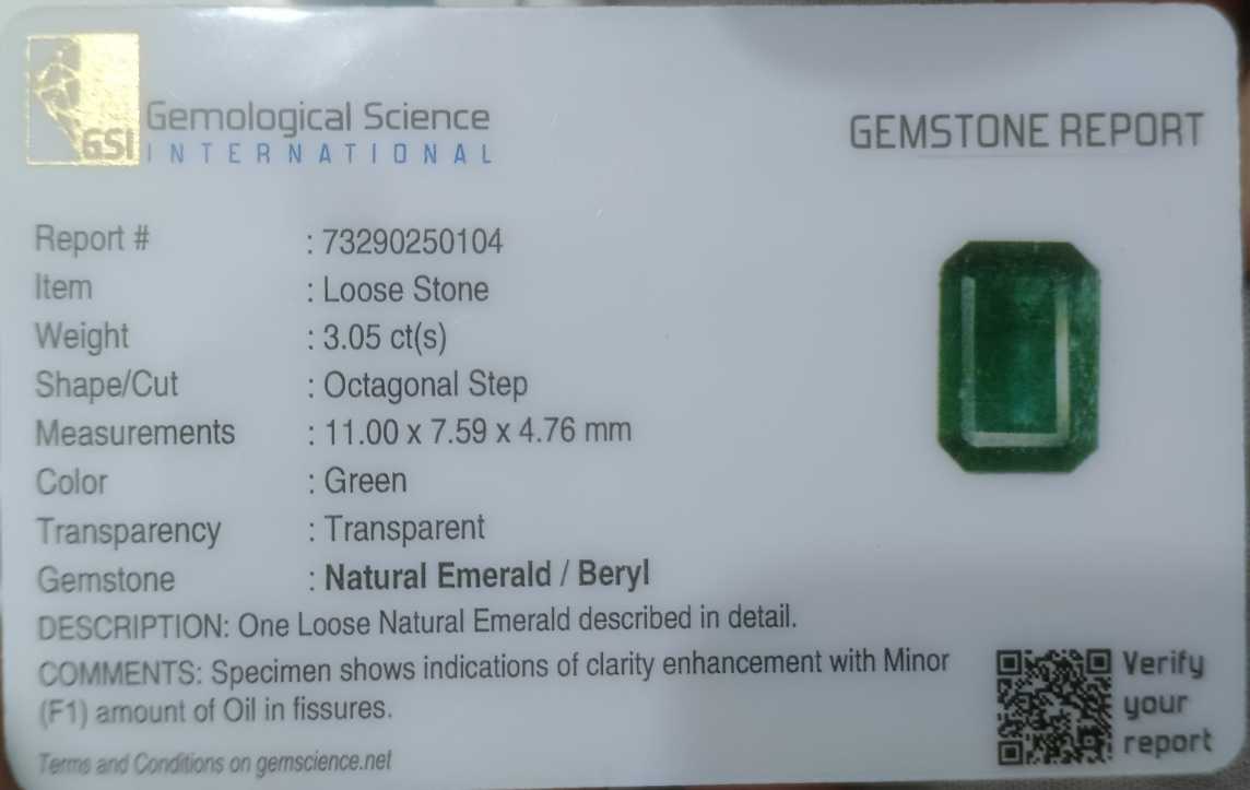 GSI certified 3.05ct dark green octagon shape Zambian emerald gemstone 