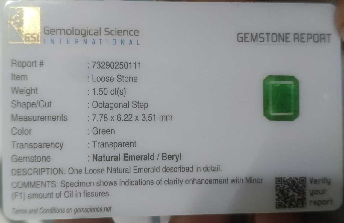 GSI certified 1.50ct emerald cut natural deep spring green Zambian emerald 
