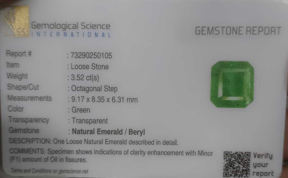 Gsi certified 3.52ct medium sea green emerald cut Zambian emerald 