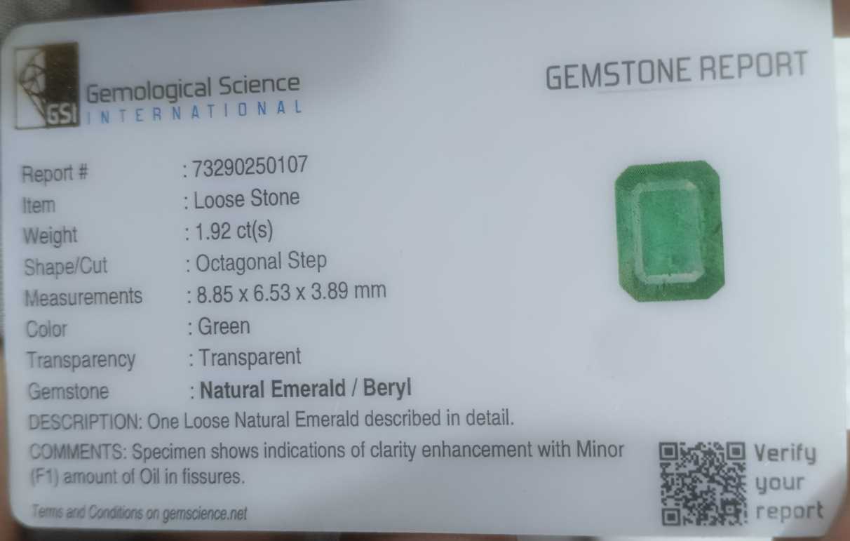 1.92cts GSI certified medium green octagon cut Zambian emerald stone