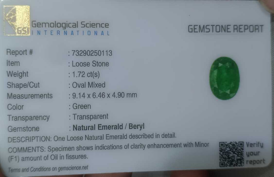 1.72ct GSI certified vivid green Oval Cut Zambian Emerald 