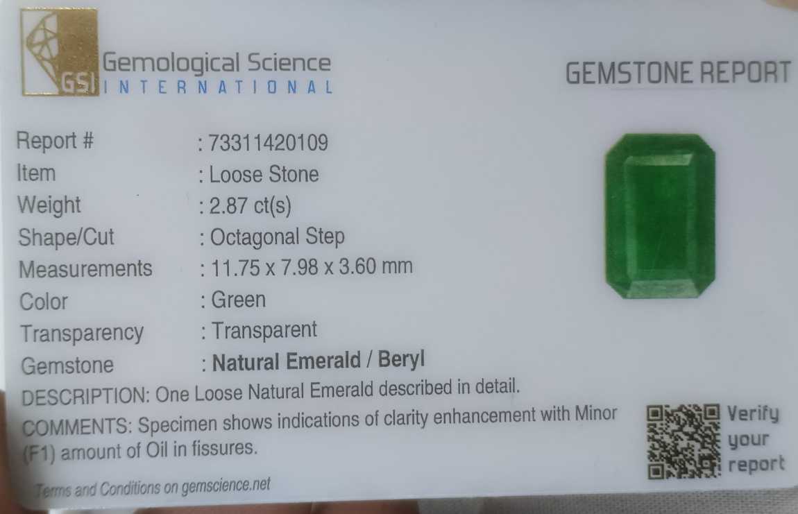 2.87ct GSI certified medium green emerald cut Zambian emerald 