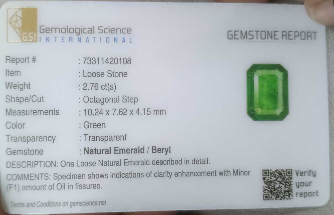 2.76ct GSI certified medium green emerald cut Zambian emerald 