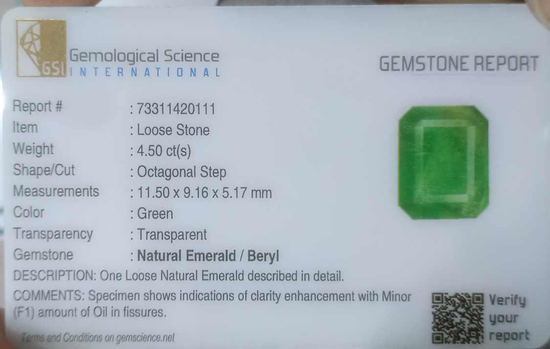 4.50ct GSI certified medium green emerald cut Swat Emerald 