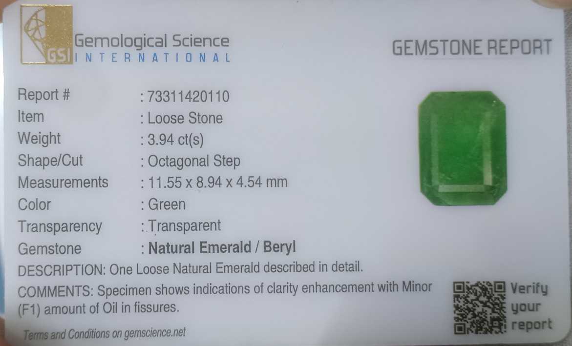 3.94ct GSI certified medium green emerald cut Zambian emerald 
