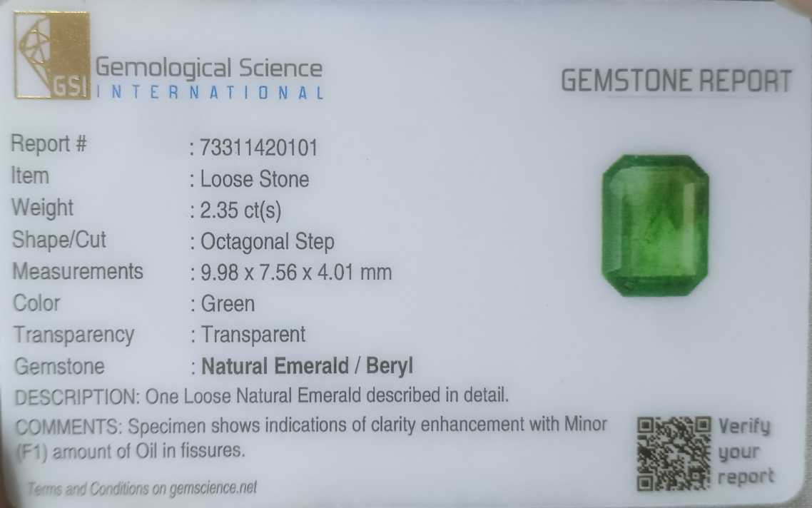 2.35ct GSI certified medium green emerald cut Zambian emerald
