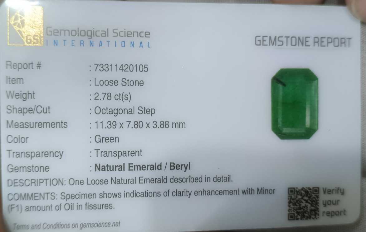 2.78ct GSI certified medium grass green emerald cut Zambian emerald 