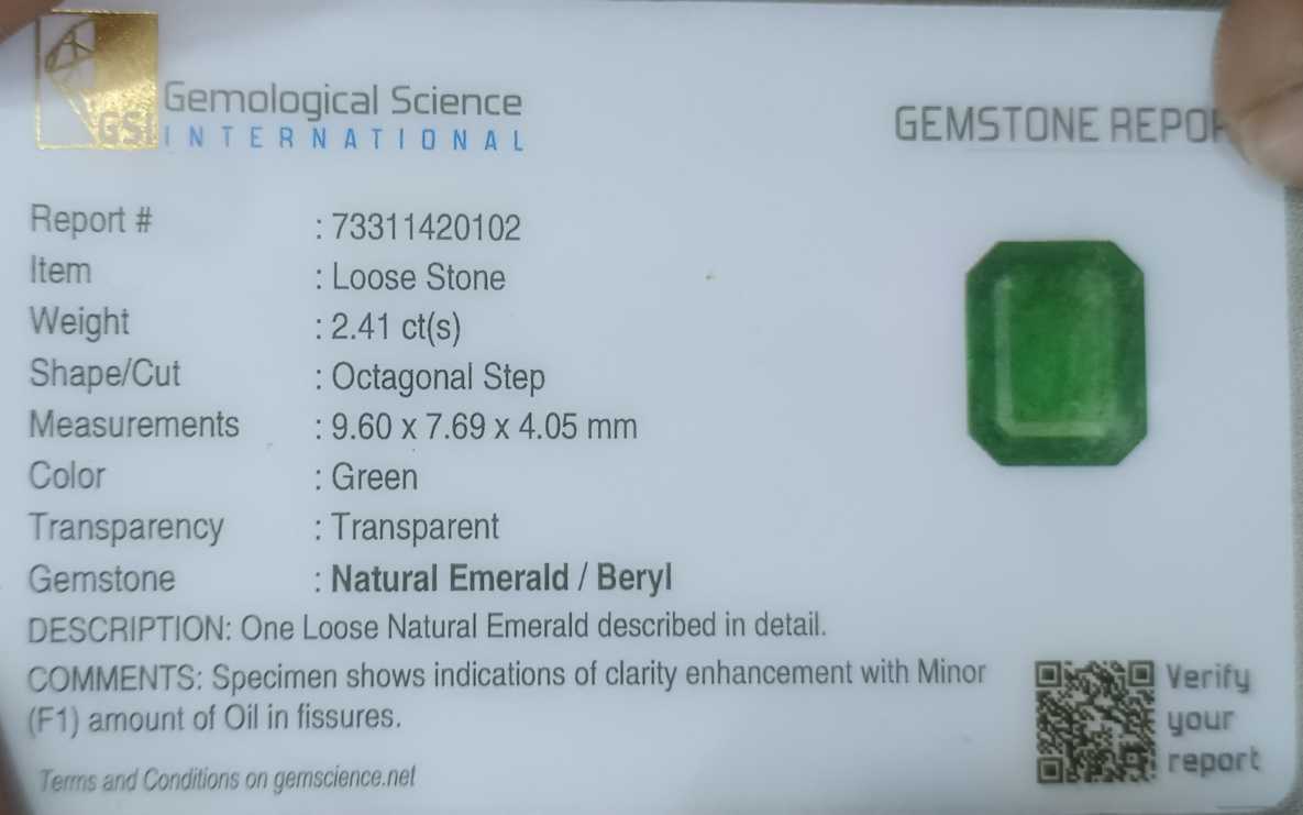 2.41ct GSI certified medium deep green emerald cut Zambian emerald 