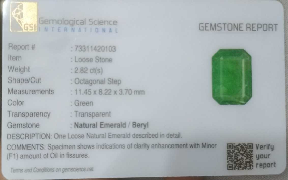 2.82ct GSI certified medium bright green emerald cut Zambian emerald 