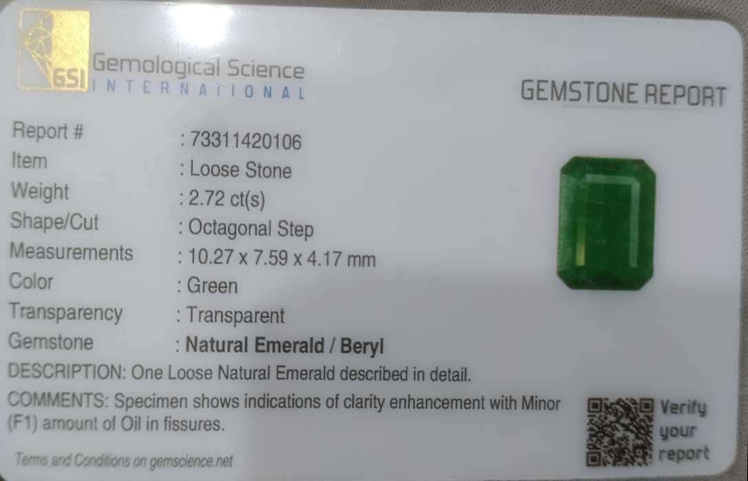 2.72ct GSI certified medium deep green emerald cut Zambian Emerald 
