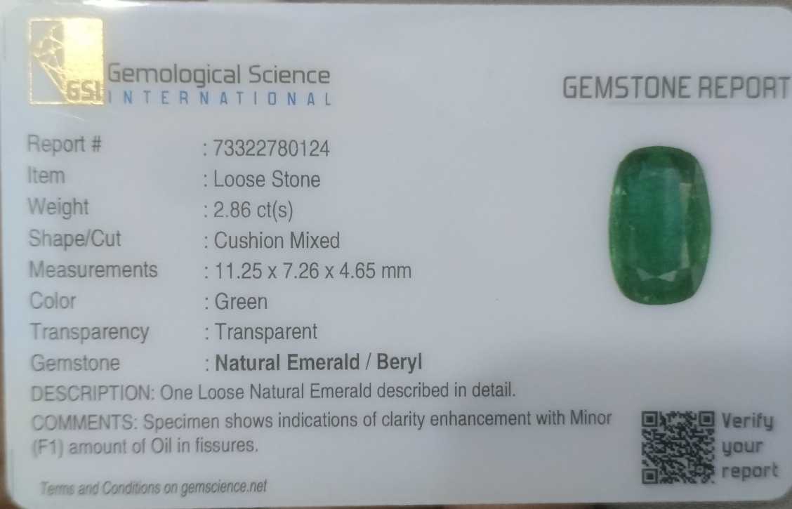 2.86ct GSI certified Shamrock green cushion cut Zambian emerald 