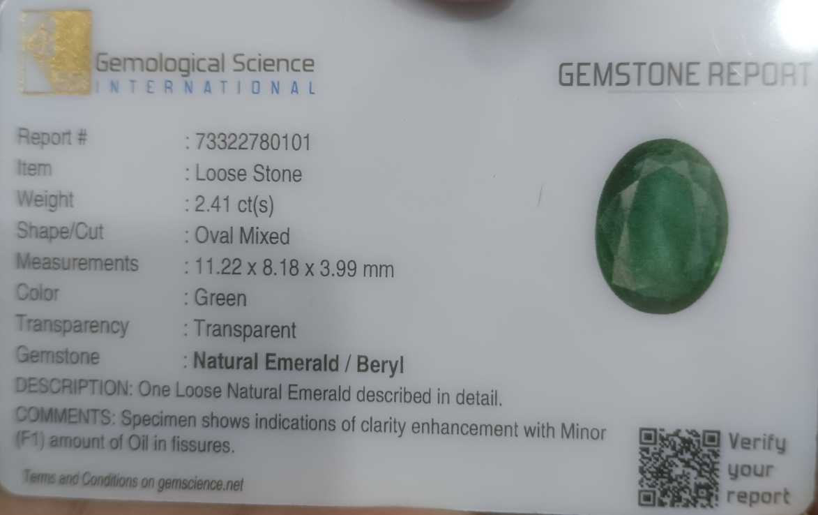 2.41ct GSI certified deep green Zambian emerald oval cut 