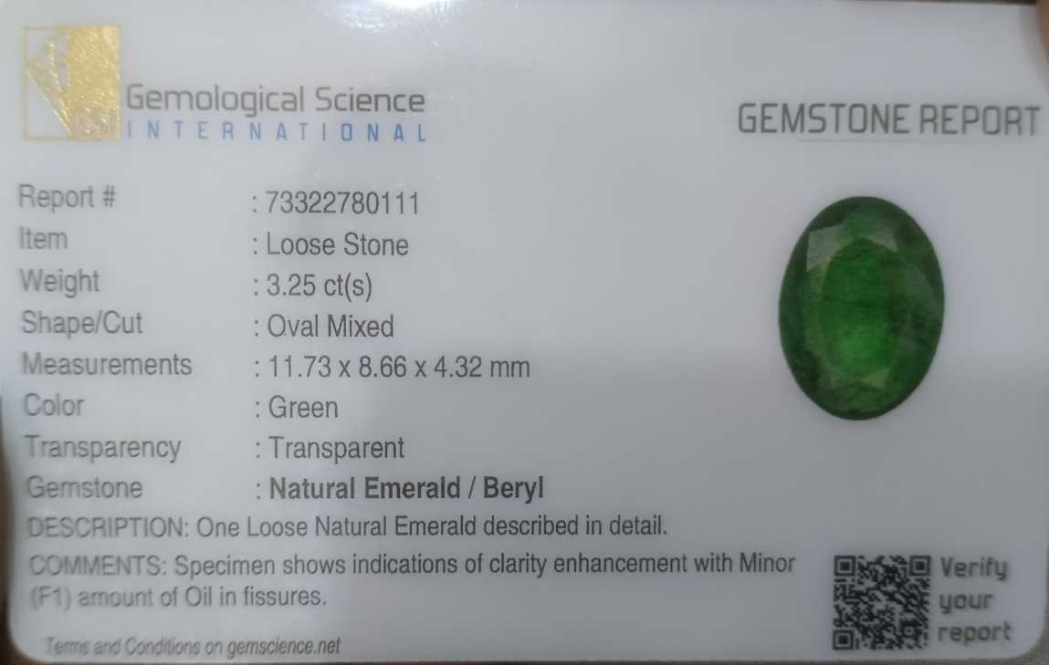 3.25ct GSI certified medium green oval cut Zambian emerald 