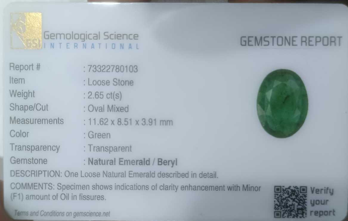 2.65ct GSI certified medium green Oval cut Zambian emerald 